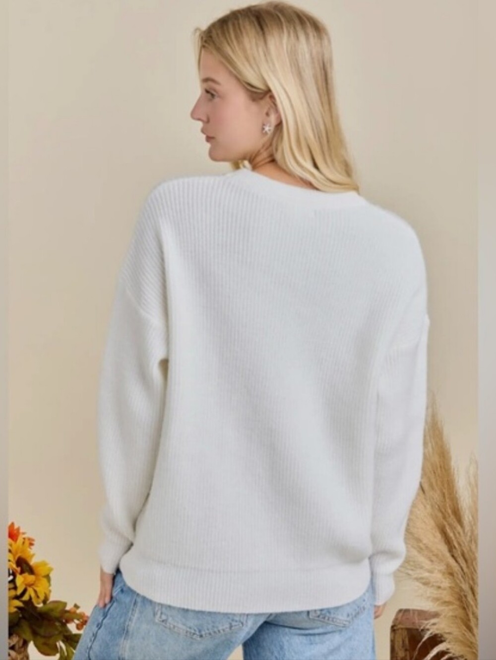 Mainstrip Boutique Fall Autumn Hello Pumpkin White Knit Sweater - Picture 2 of 8